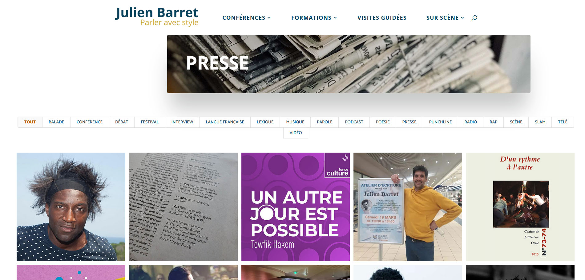 Page revue de presse-Site-internet-Julien Barret-écrivain-linguiste-Julien Barbat-communication digitale